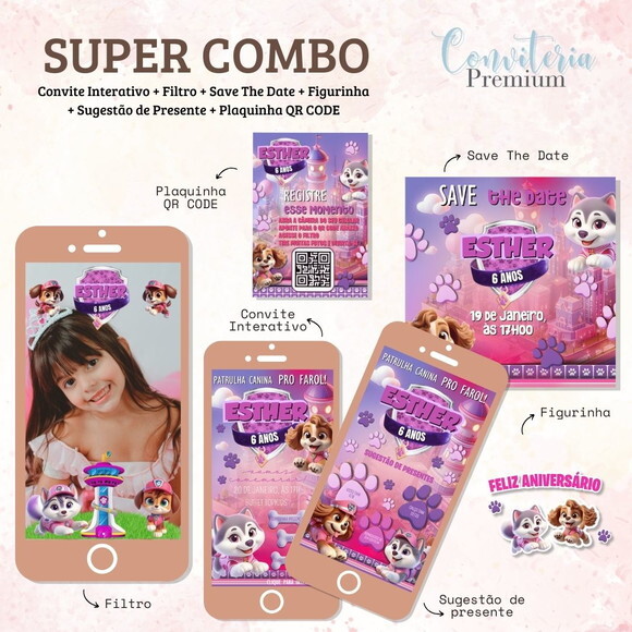 Combo Convite Interativo Premium - Patrulha Canina Menina