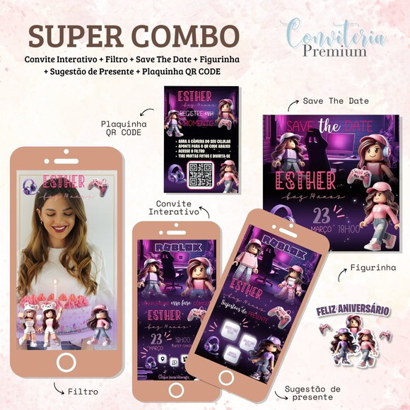 Combo Convite Interativo Premium - Roblox Menina