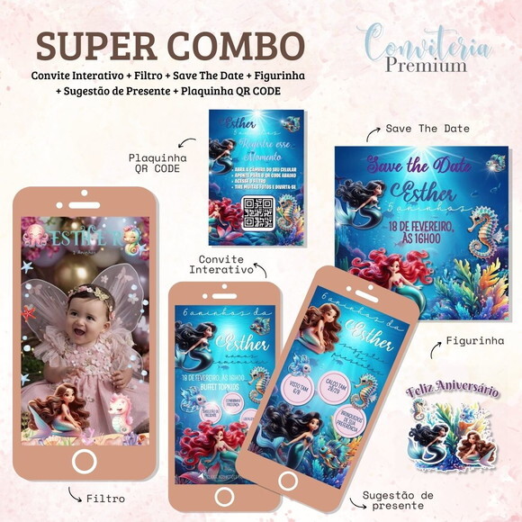 Combo Convite Interativo Premium - Sereias