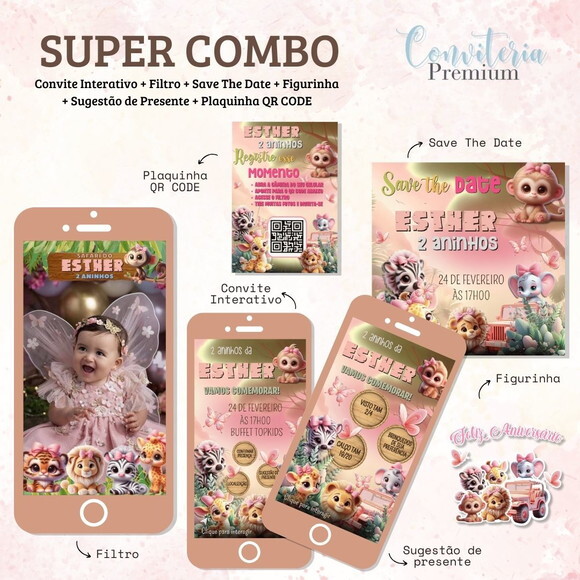 Combo Convite Interativo Premium - Safari Cute Menina