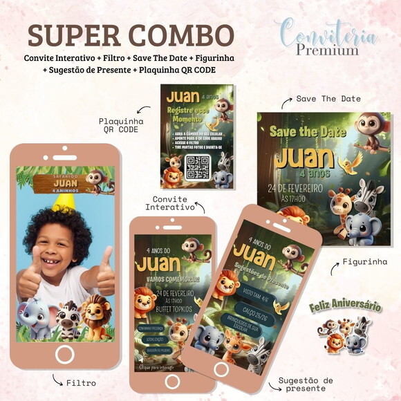 Combo Convite Interativo Premium - Safari Cute