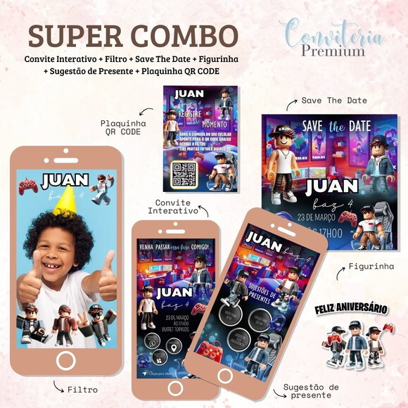 Combo Convite Interativo Premium - Roblox Menino
