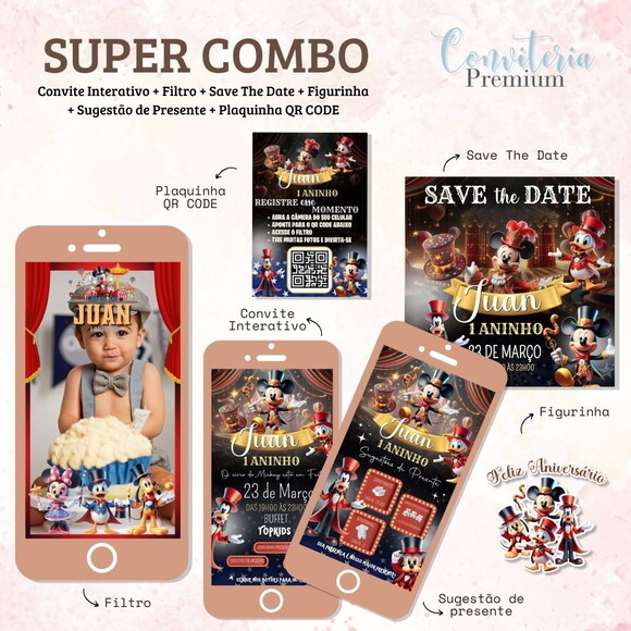 Combo Convite Interativo Premium - Turma do Mickey Circus