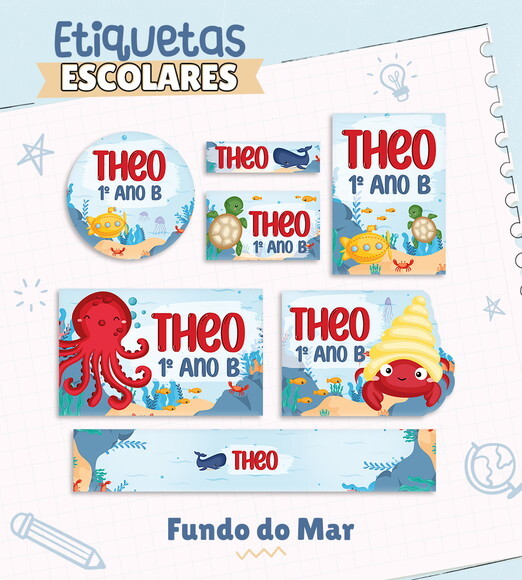 Etiquetas Escolares Personalizadas - Fundo do Mar