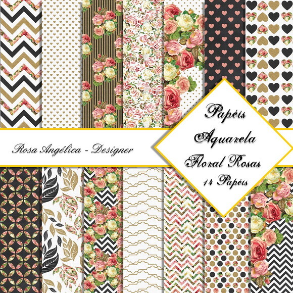 Kit Arquivo Digital - Papéis Aquarela Floral Rosas