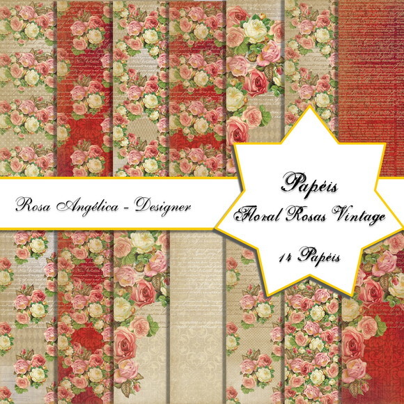 Kit Arquivo Digital - Papéis Floral Rosas Vintage