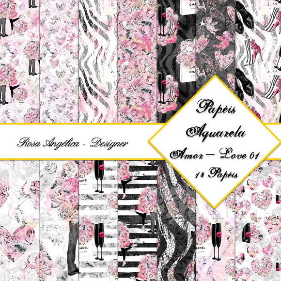 Kit Arquivo Digital Aquarela - Papéis Amor Love