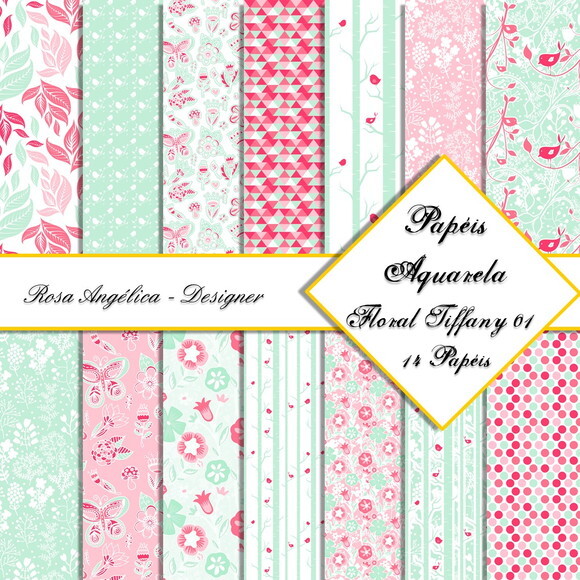 Kit Arquivo Digital Aquarela - Papéis Floral Tiffany 01