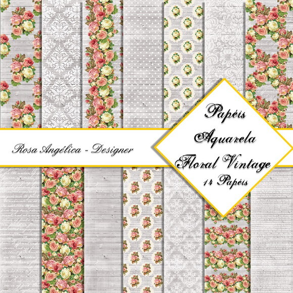 Kit Arquivo Digital Aquarela - Papéis Floral Vintage