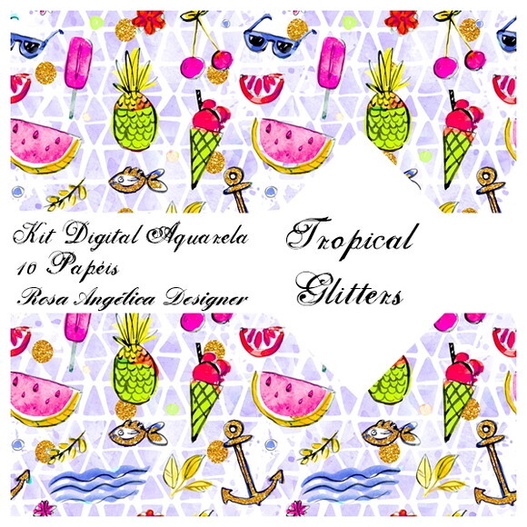 Kit Arquivo Digital Aquarela - Tropical Glitters
