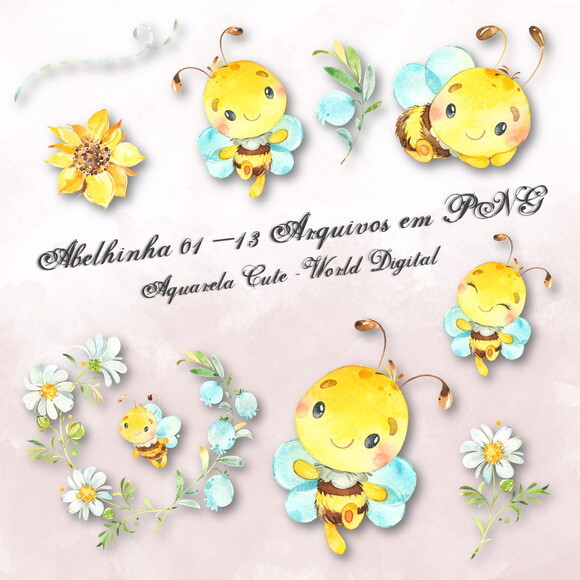Kit Arquivo Digital em PNG Aquarela Cute Abelhinha 01