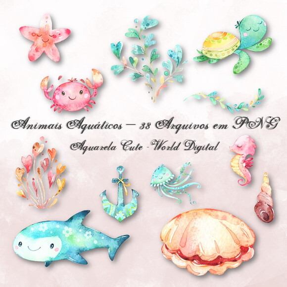 Kit Arquivo Digital em PNG Aquarela Cute Animais Aquáticos