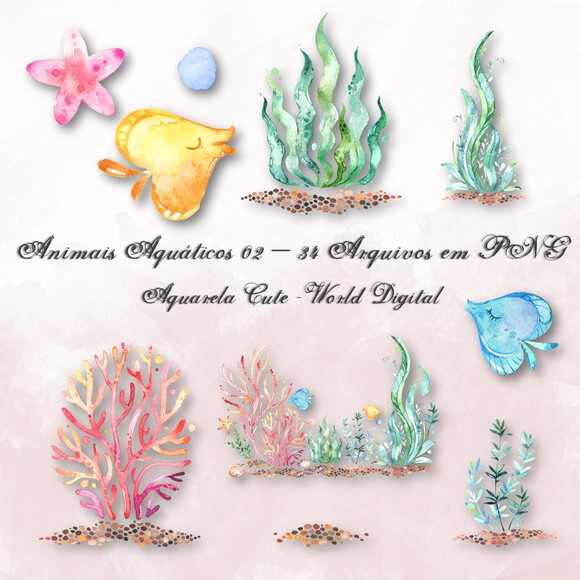 Kit Arquivo Digital em PNG Aquarela Cute Animais Aquáticos 2