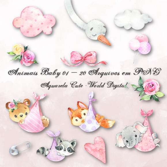 Kit Arquivo Digital em PNG Aquarela Cute Animais Baby 01