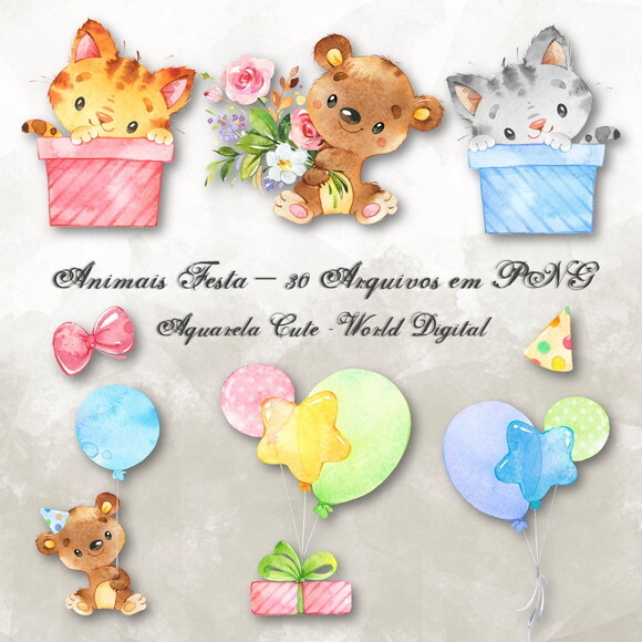 Kit Arquivo Digital em PNG Aquarela Cute Animais Festa