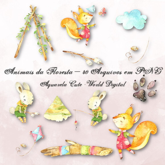 Kit Arquivo Digital em PNG Aquarela Cute Animais Floresta