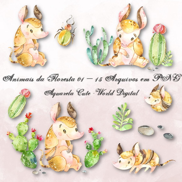 Kit Arquivo Digital em PNG Aquarela Cute Animais Floresta 01