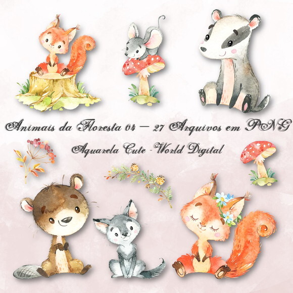 Kit Arquivo Digital em PNG Aquarela Cute Animais Floresta 04
