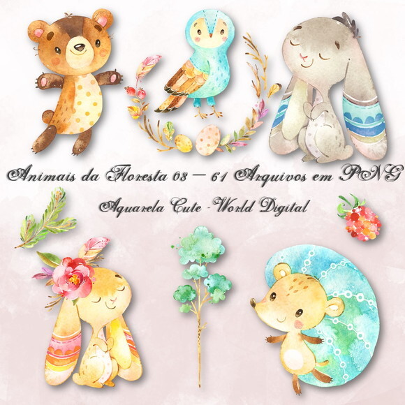 Kit Arquivo Digital em PNG Aquarela Cute Animais Floresta 08