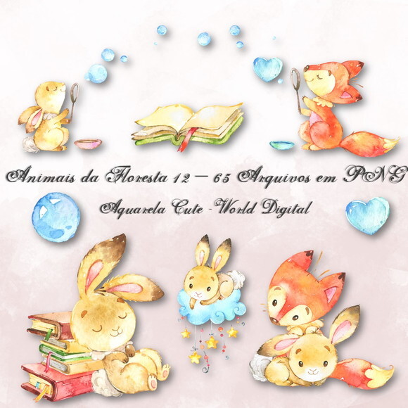 Kit Arquivo Digital em PNG Aquarela Cute Animais Floresta 12