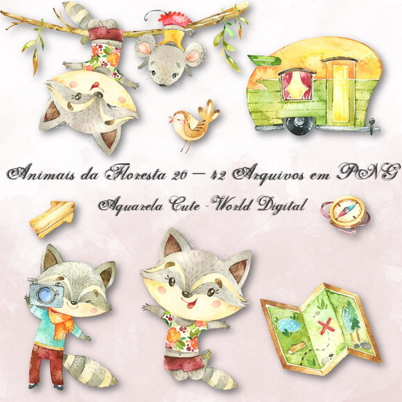 Kit Arquivo Digital em PNG Aquarela Cute Animais Floresta 20
