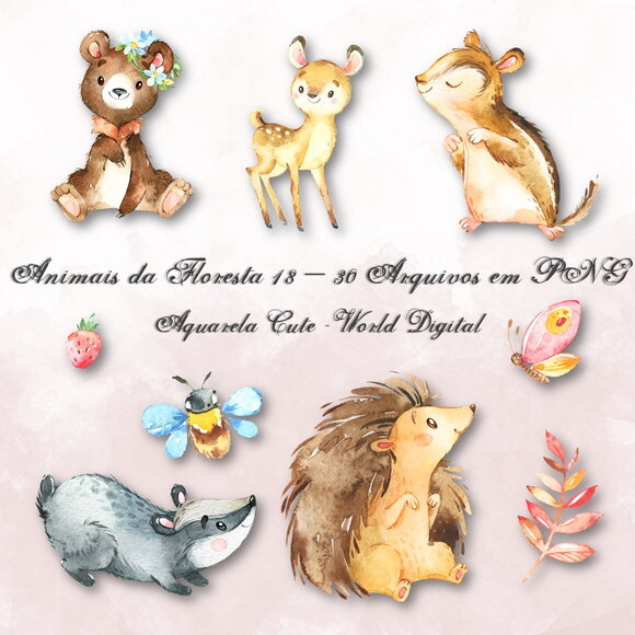 Kit Arquivo Digital em PNG Aquarela Cute Animais Floresta 18