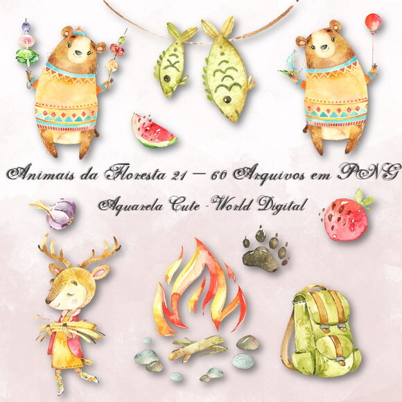 Kit Arquivo Digital em PNG Aquarela Cute Animais Floresta 21