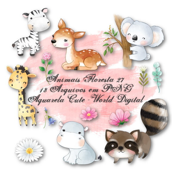 Kit Arquivo Digital em PNG Aquarela Cute Animais Floresta 27