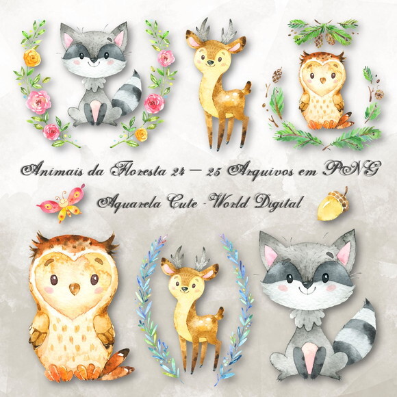 Kit Arquivo Digital em PNG Aquarela Cute Animais Floresta 24
