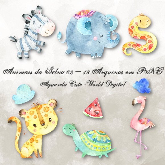 Kit Arquivo Digital em PNG Aquarela Cute Animais Selva 02
