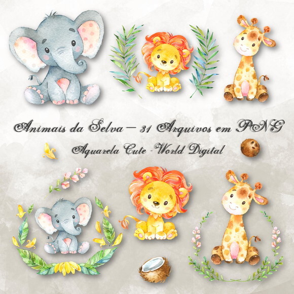 Kit Arquivo Digital em PNG Aquarela Cute Animais Selva