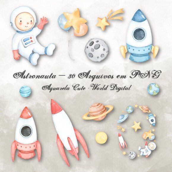 Kit Arquivo Digital em PNG Aquarela Cute Astronauta