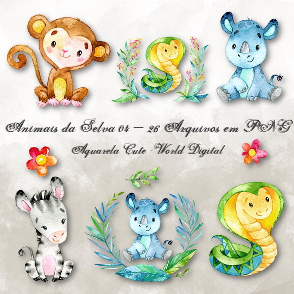 Kit Arquivo Digital em PNG Aquarela Cute Animais Selva 04