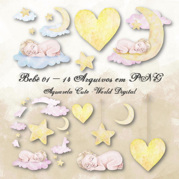 Kit Arquivo Digital em PNG Aquarela Cute Bebê 01
