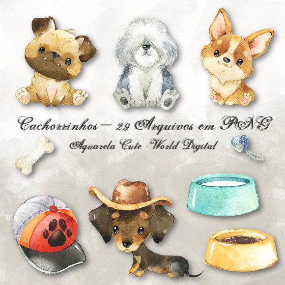 Kit Arquivo Digital em PNG Aquarela Cute Cachorrinhos