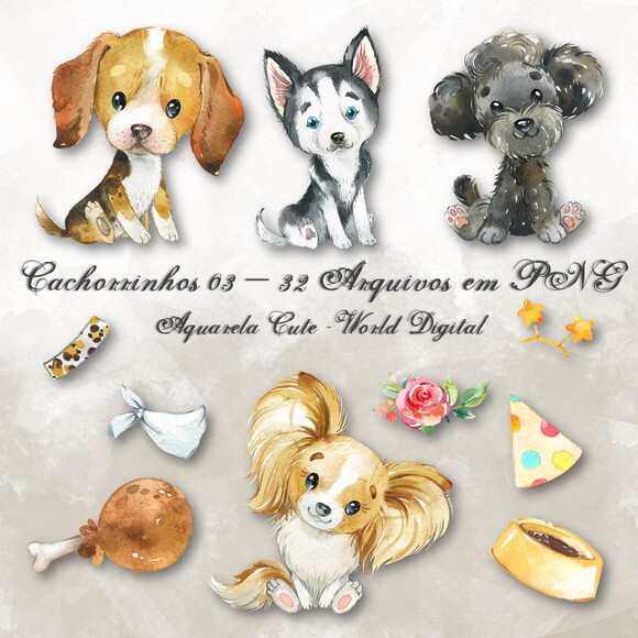 Kit Arquivo Digital em PNG Aquarela Cute Cachorrinhos 03