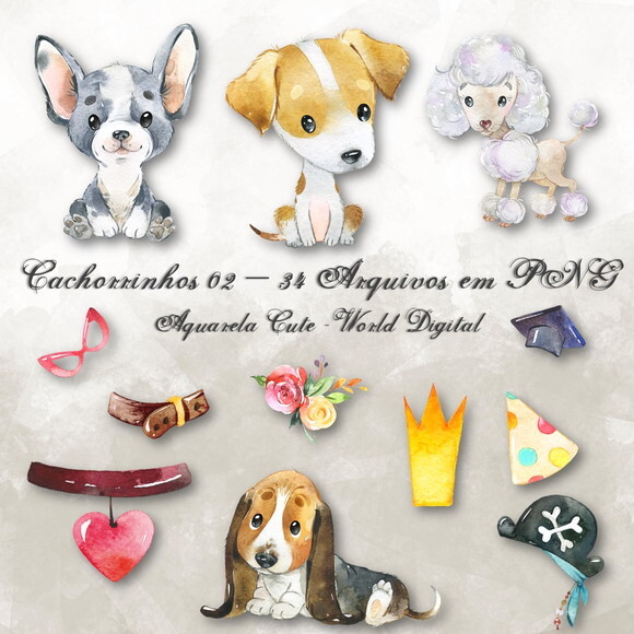 Kit Arquivo Digital em PNG Aquarela Cute Cachorrinhos 02