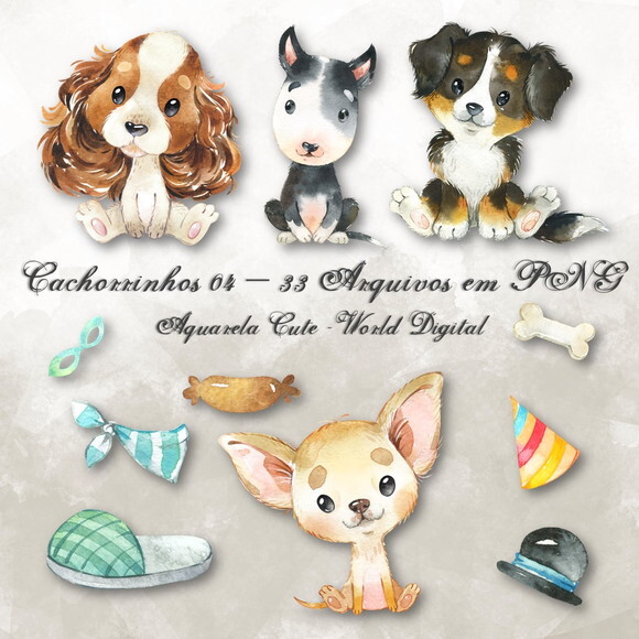 Kit Arquivo Digital em PNG Aquarela Cute Cachorrinhos 04
