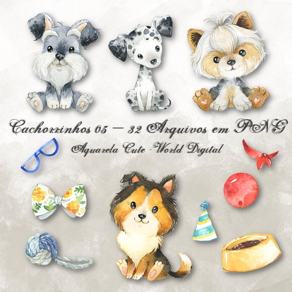 Kit Arquivo Digital em PNG Aquarela Cute Cachorrinhos 05