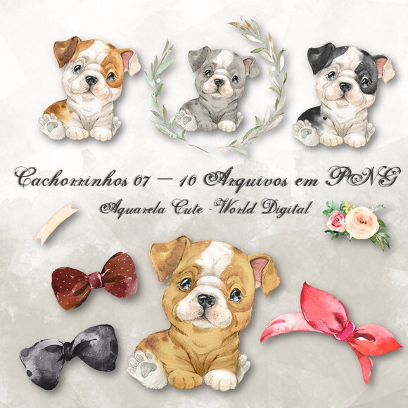 Kit Arquivo Digital em PNG Aquarela Cute Cachorrinhos 07