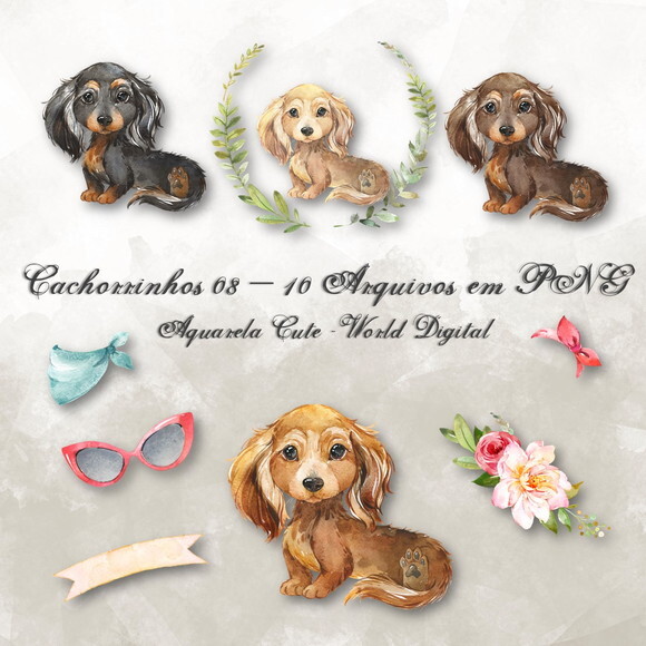 Kit Arquivo Digital em PNG Aquarela Cute Cachorrinhos 08