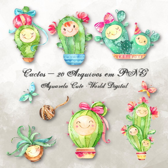 Kit Arquivo Digital em PNG Aquarela Cute Cactos