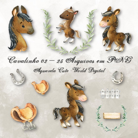 Kit Arquivo Digital em PNG Aquarela Cute Cavalinho 02