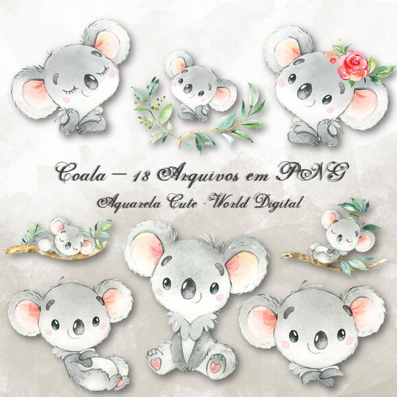 Kit Arquivo Digital em PNG Aquarela Cute Coala