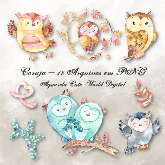 Kit Arquivo Digital em PNG Aquarela Cute Coruja