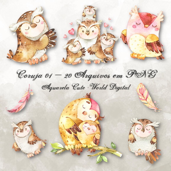 Kit Arquivo Digital em PNG Aquarela Cute Coruja 01