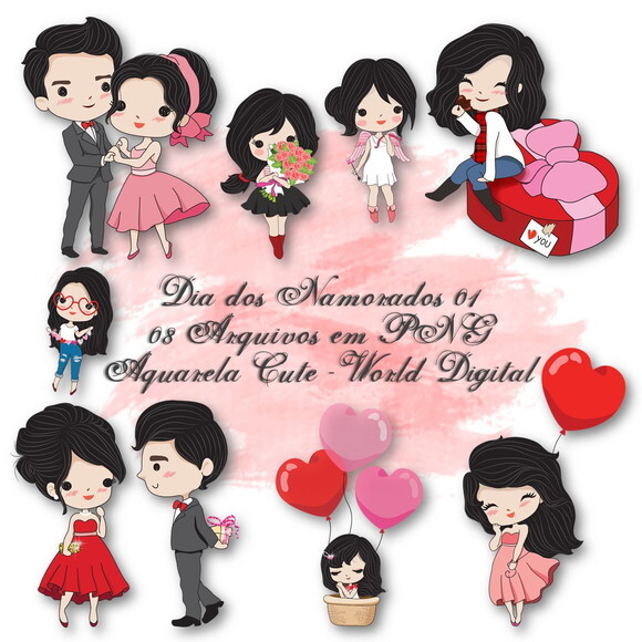 Kit Arquivo Digital em PNG Aquarela Cute Dia dos Namorados 1