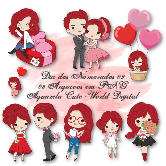 Kit Arquivo Digital em PNG Aquarela Cute Dia dos Namorados 2