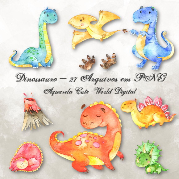 Kit Arquivo Digital em PNG Aquarela Cute Dinossauros