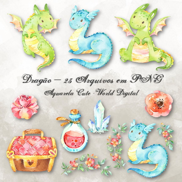Kit Arquivo Digital em PNG Aquarela Cute Dragão